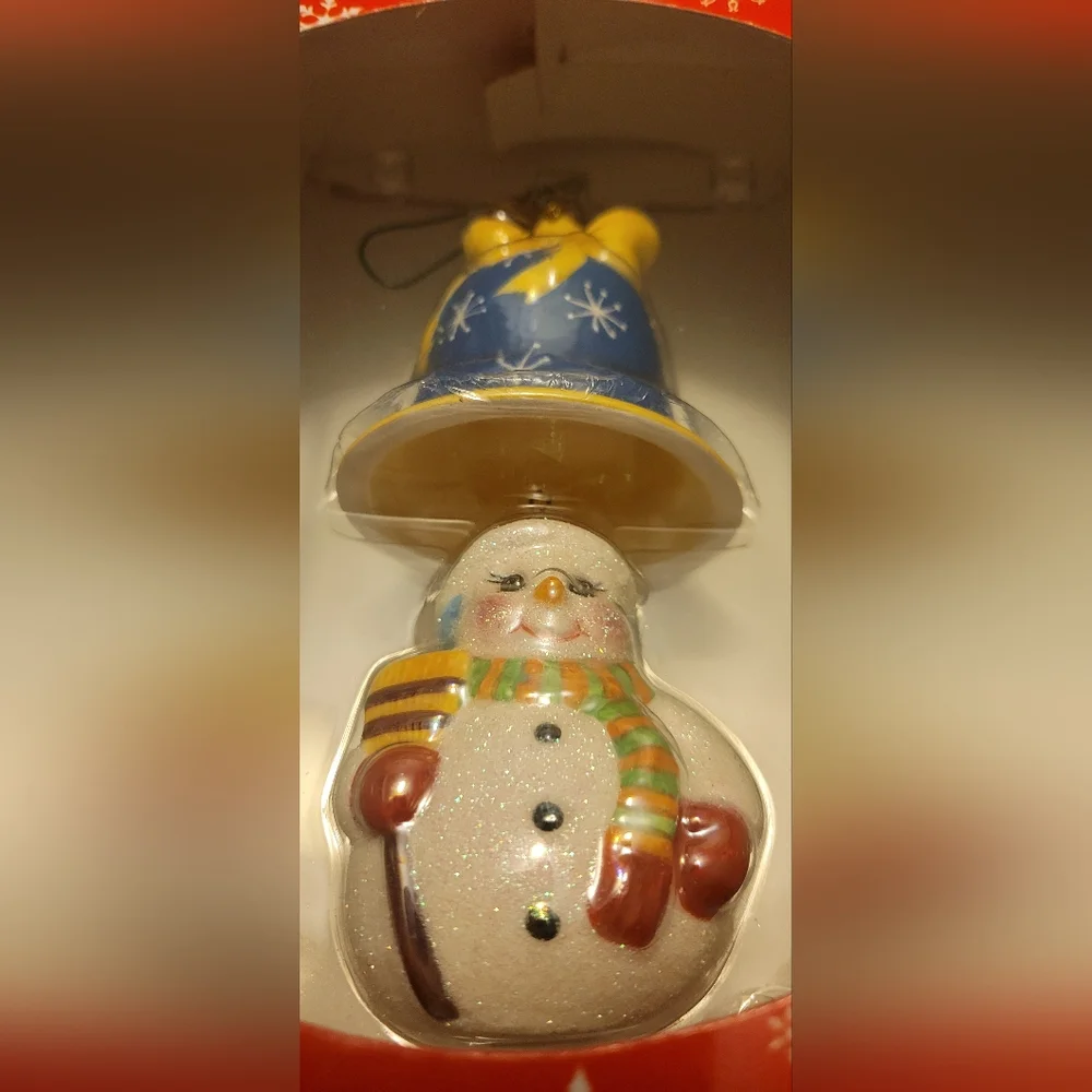 Vintage Holiday Celebration Christopher Radko‎ Bell & Snowman Ceramic Ornament